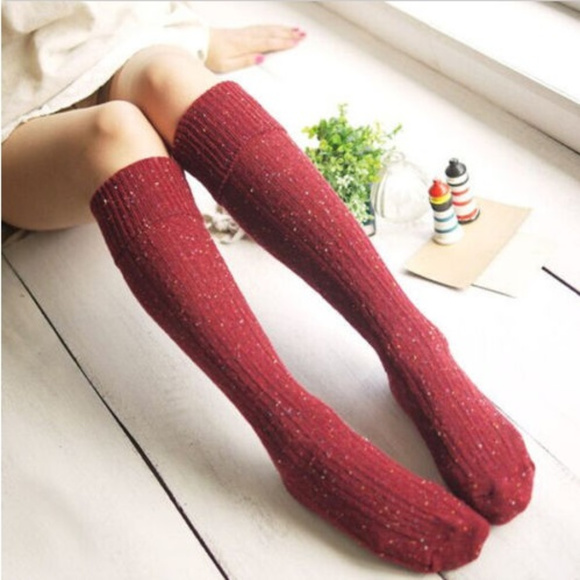 Accessories - Cotton Blend Warm Long Knee High Boot Socks in Wine Red